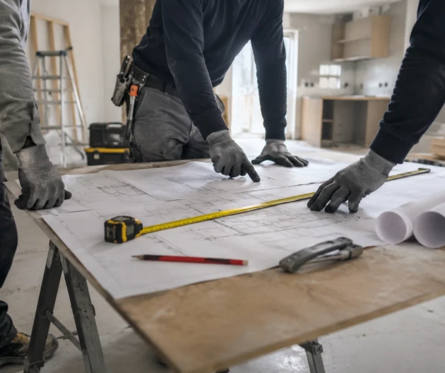 Professional builders reviewing construction plans during a home renovation project in Watford