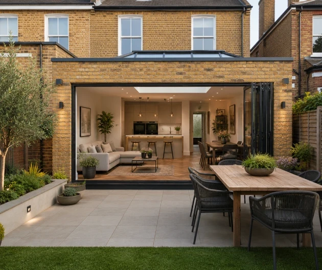 Modern rear house extension with open-plan kitchen and dining area completed by builders in Watford