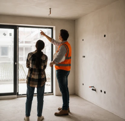 Builder discussing home renovation plans with homeowner during a residential property refurbishment project