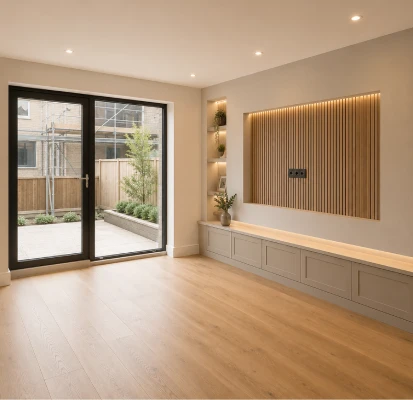 Completed home renovation featuring bespoke wall panelling, fitted storage, oak flooring and modern patio doors