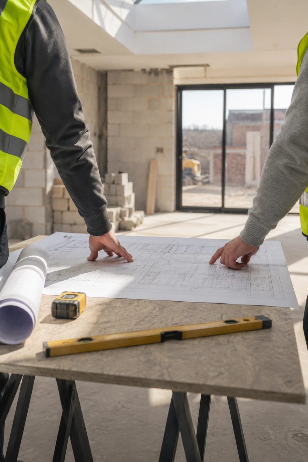 Builders reviewing construction plans inside a house extension and renovation project in Watford