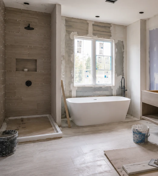 athroom renovation in progress featuring walk-in shower installation, freestanding bath fitting, wall tiling, vanity unit installation and professional bathroom refurbishment.