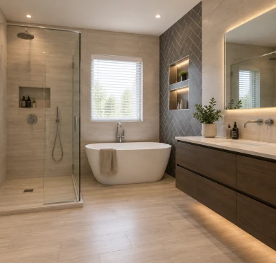 Modern bathroom installation featuring a freestanding bath, walk-in shower, floating vanity unit, premium tiling and bespoke bathroom fitting services.