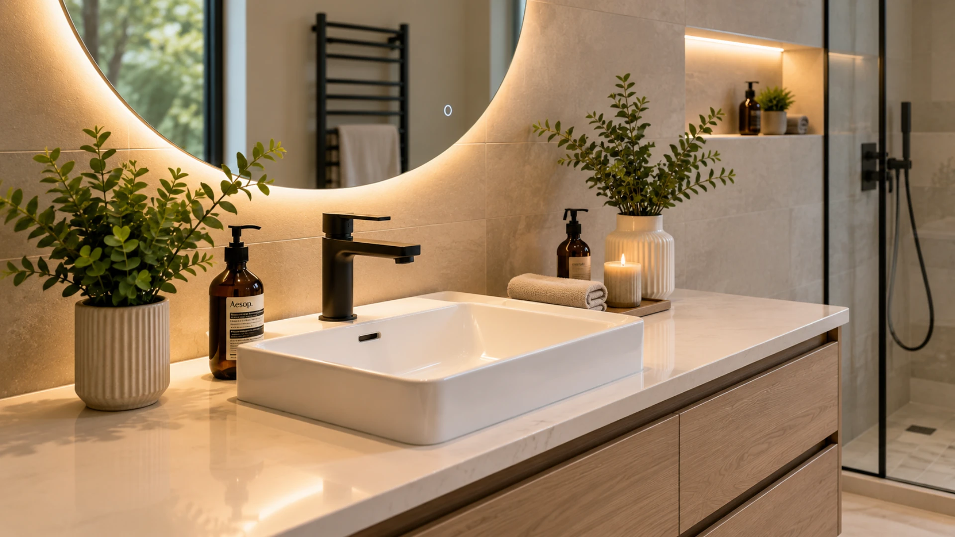 Modern bathroom vanity installation featuring a floating wood-effect cabinet, designer basin, LED mirror lighting and premium bathroom fittings.