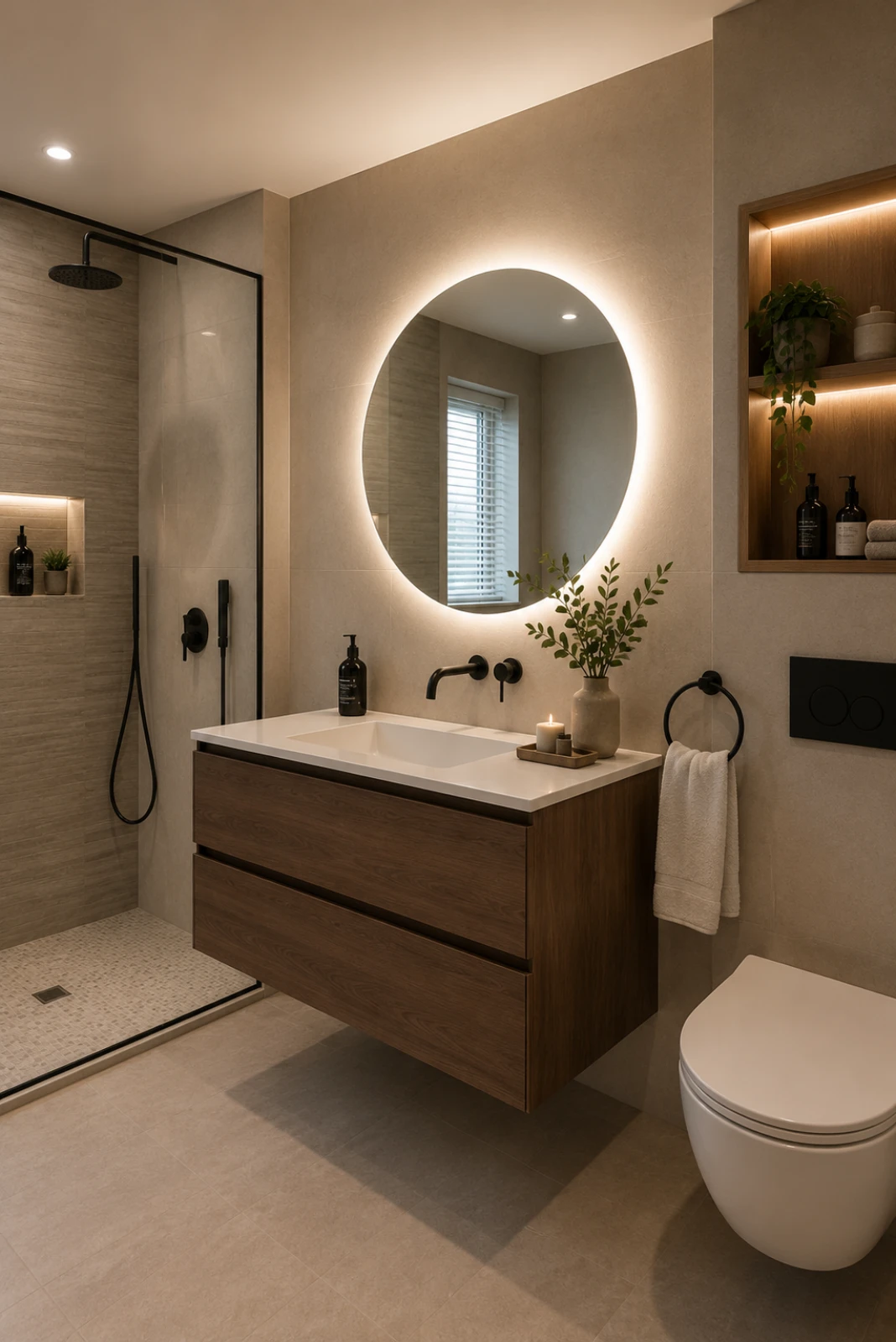 Modern bathroom installation featuring a floating vanity unit, illuminated round mirror, walk-in shower, wall-hung toilet and premium bathroom fittings.