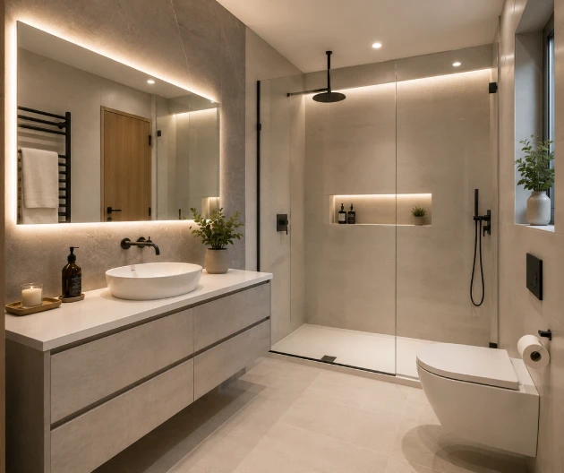 Modern bathroom installation featuring a floating vanity unit, walk-in shower, wall-hung toilet, LED mirror lighting and premium bathroom fittings.