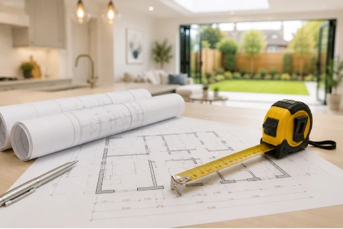 Construction plans with measuring tape and architectural drawings for a home extension project