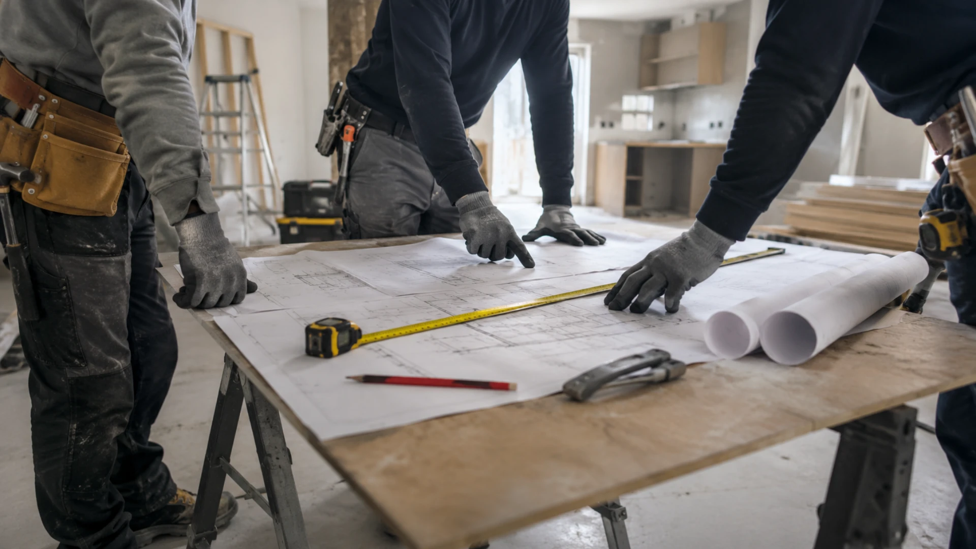 Professional building contractors reviewing construction plans during a house refurbishment project with complete project management and multi-trade building services.