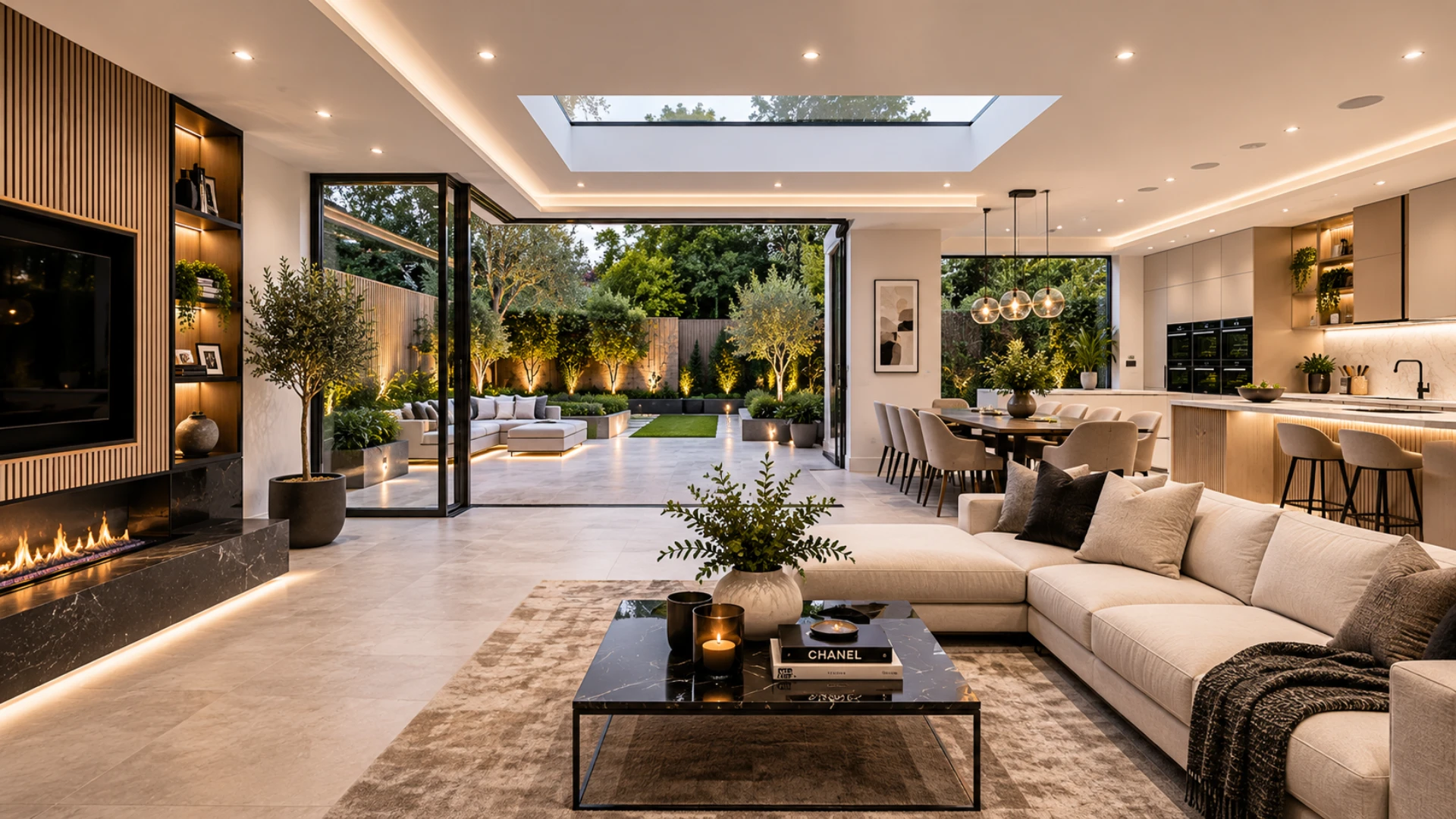 Luxury home extension featuring an open-plan kitchen, dining and living area with bespoke joinery, premium finishes and professional building services.