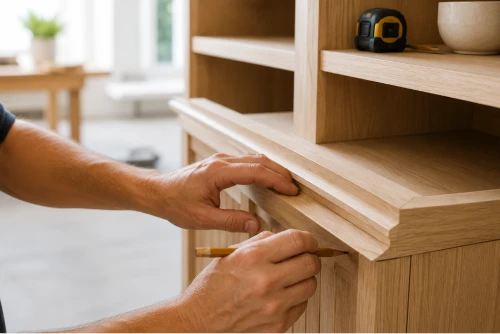 Close-up of custom carpentry detail work on a handcrafted wooden cabinet
