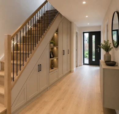 Bespoke under-stairs storage and custom carpentry featuring fitted cabinetry, oak staircase, integrated shelving and premium joinery craftsmanship.