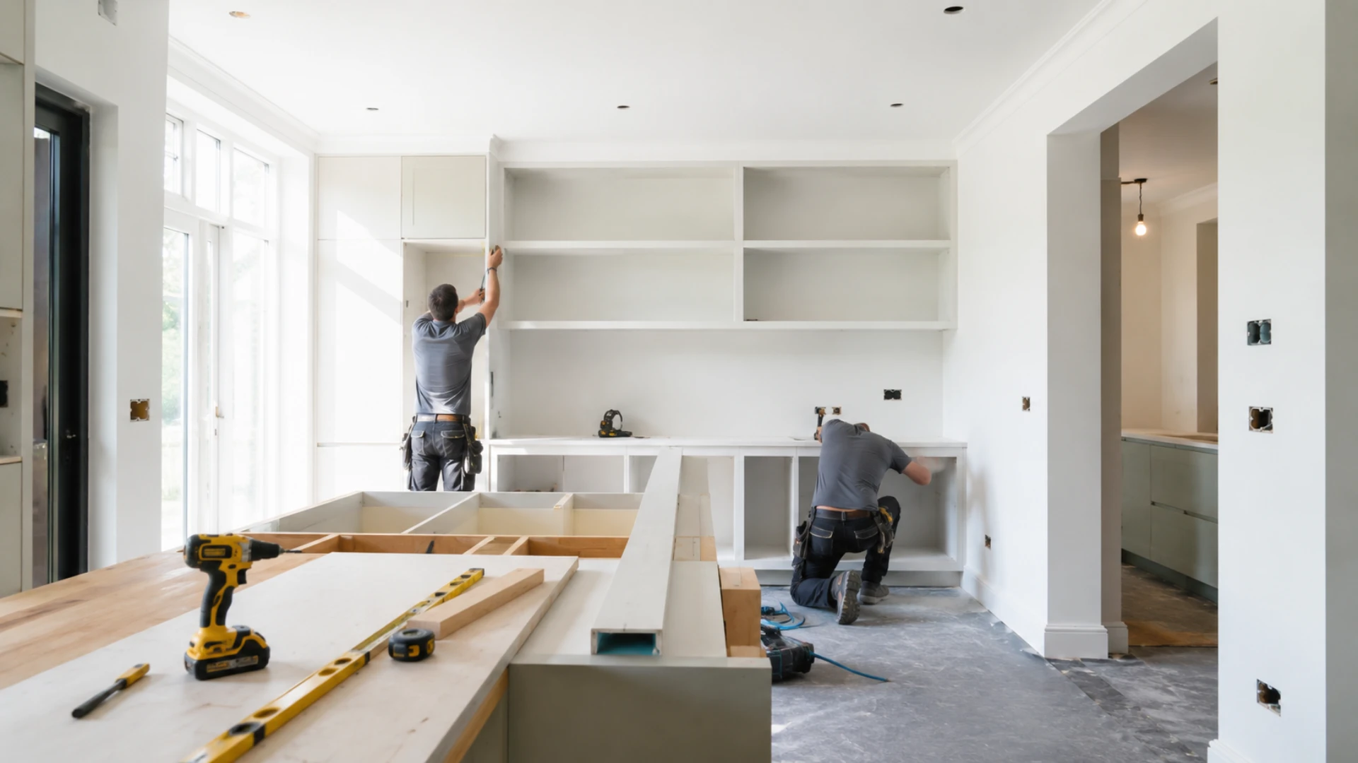 Professional carpenters installing bespoke fitted cabinetry and custom storage solutions during a high-quality residential joinery project.