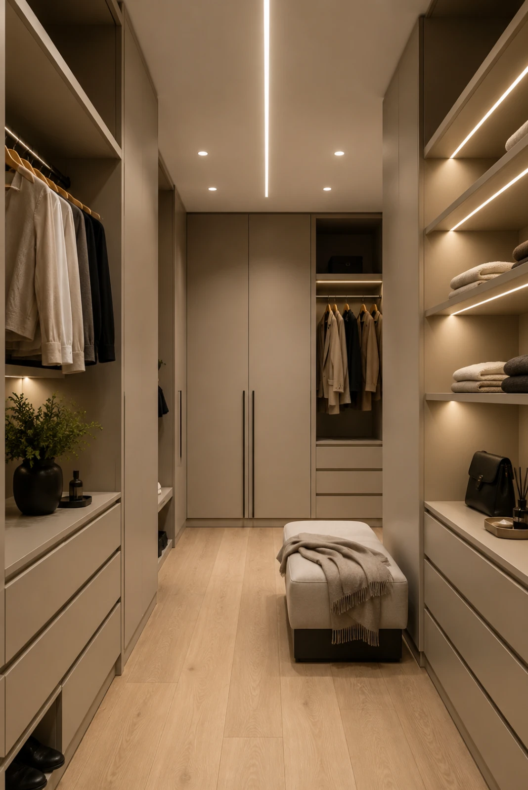 Luxury walk-in wardrobe featuring bespoke fitted cabinetry, custom storage solutions, integrated LED lighting and premium joinery craftsmanship.