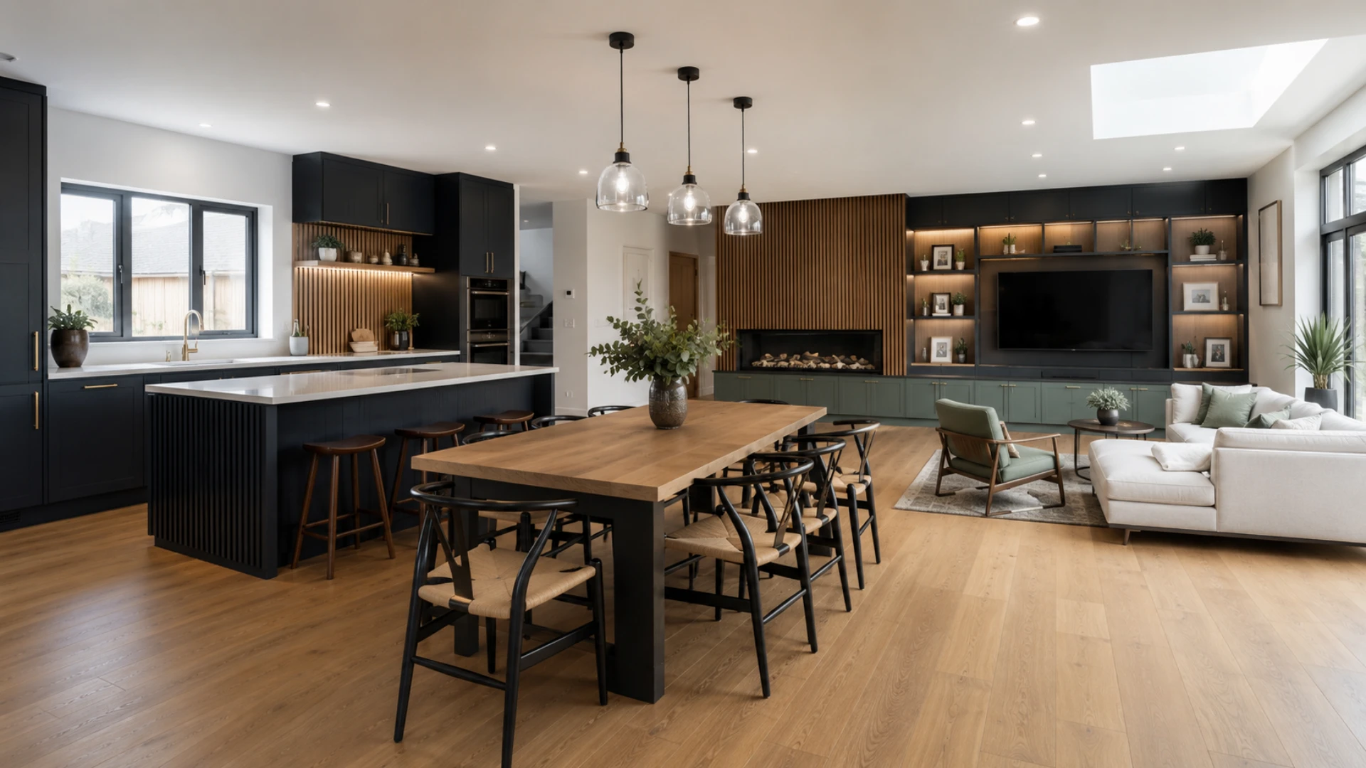Luxury open-plan living space featuring bespoke joinery, custom media wall, fitted cabinetry, modern kitchen island and premium carpentry craftsmanship.