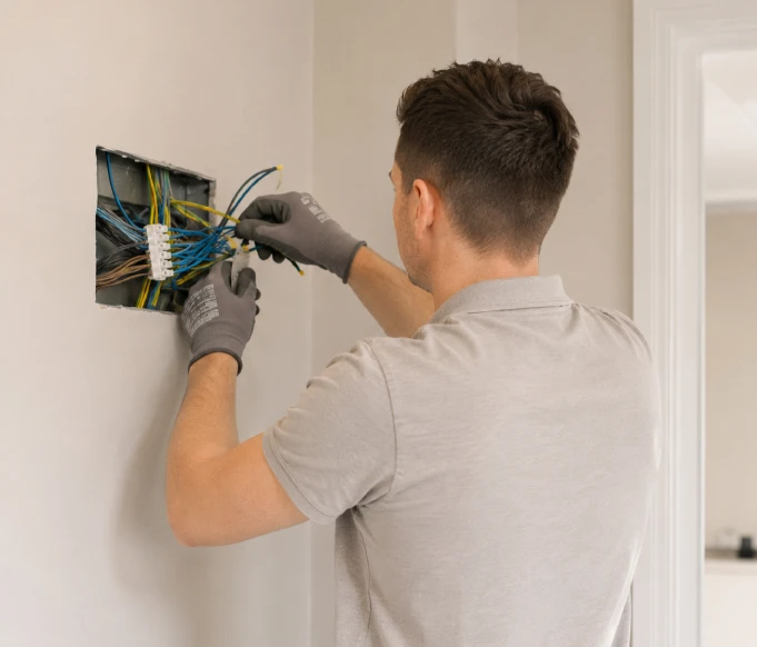 Professional electrician installing electrical wiring during a residential renovation project in a modern UK home.