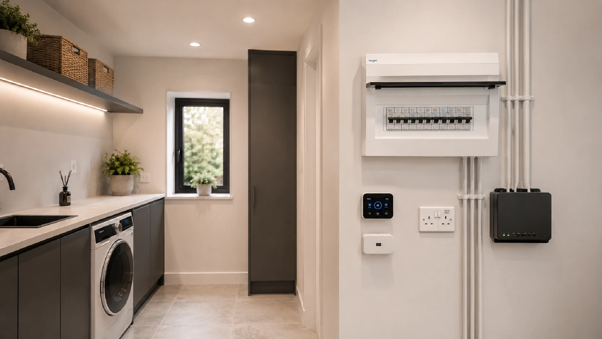Modern utility room featuring a professionally installed consumer unit, smart home controls and neatly routed electrical cabling.