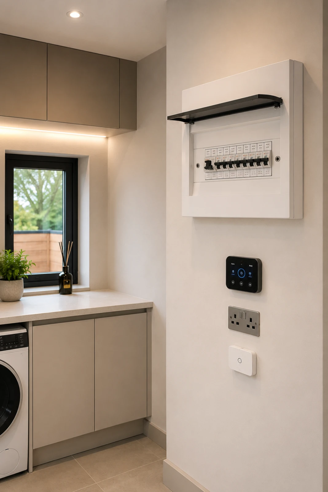 Modern utility room featuring a professionally installed consumer unit, smart home controls and integrated electrical systems in a contemporary residential property.