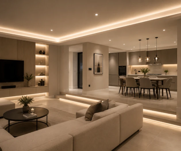 Modern open-plan living space featuring professionally installed LED lighting and smart electrical systems in a luxury residential property.