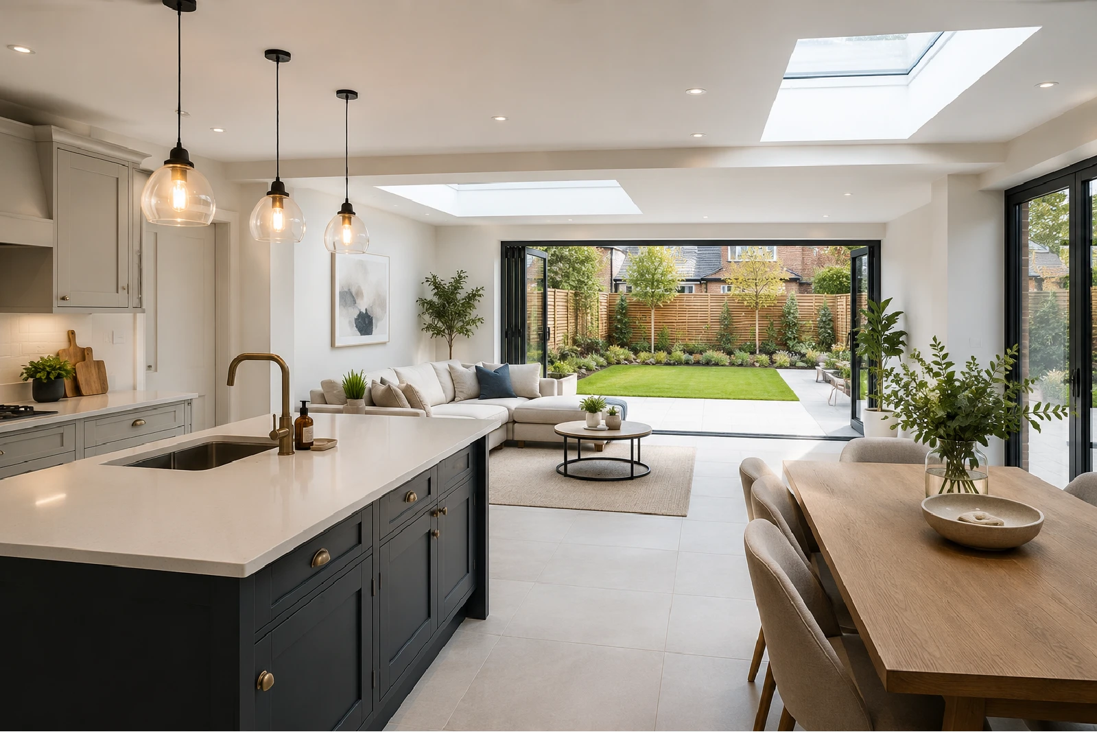 Modern rear house extension with open-plan kitchen, dining and living area opening onto a landscaped garden