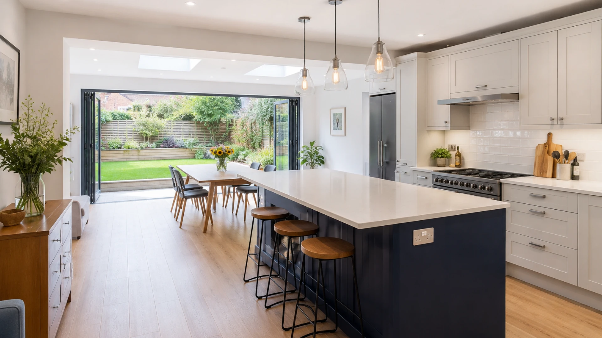 Modern UK rear house extension featuring a bright open-plan kitchen diner with large bi-fold doors opening onto a landscaped garden.