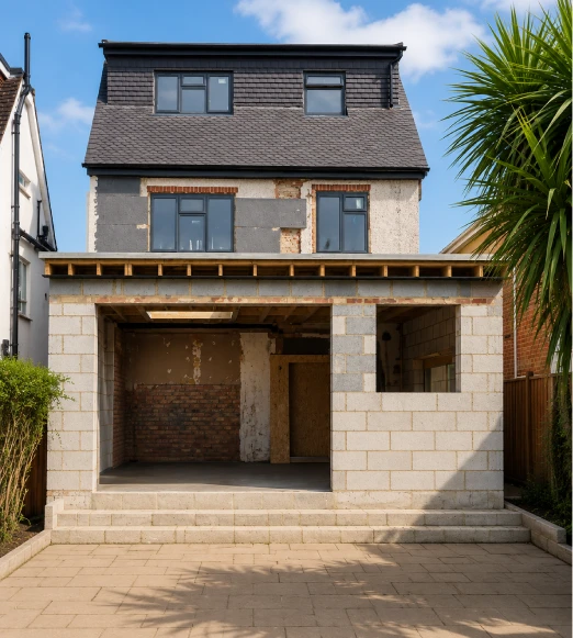 Rear house extension under construction featuring new blockwork walls, structural opening and patio area at a UK residential property.