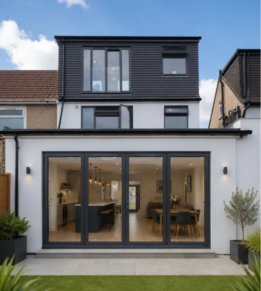 Modern rear extension renovation featuring anthracite bifold doors, open-plan kitchen diner and contemporary family living space.
