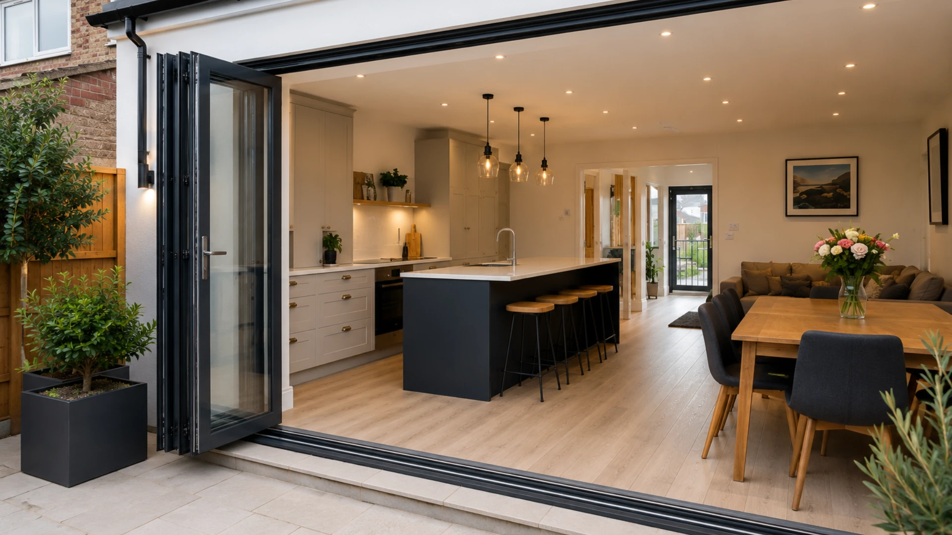 Modern home extension with large bifold doors opening into a spacious open-plan kitchen, dining and living area.