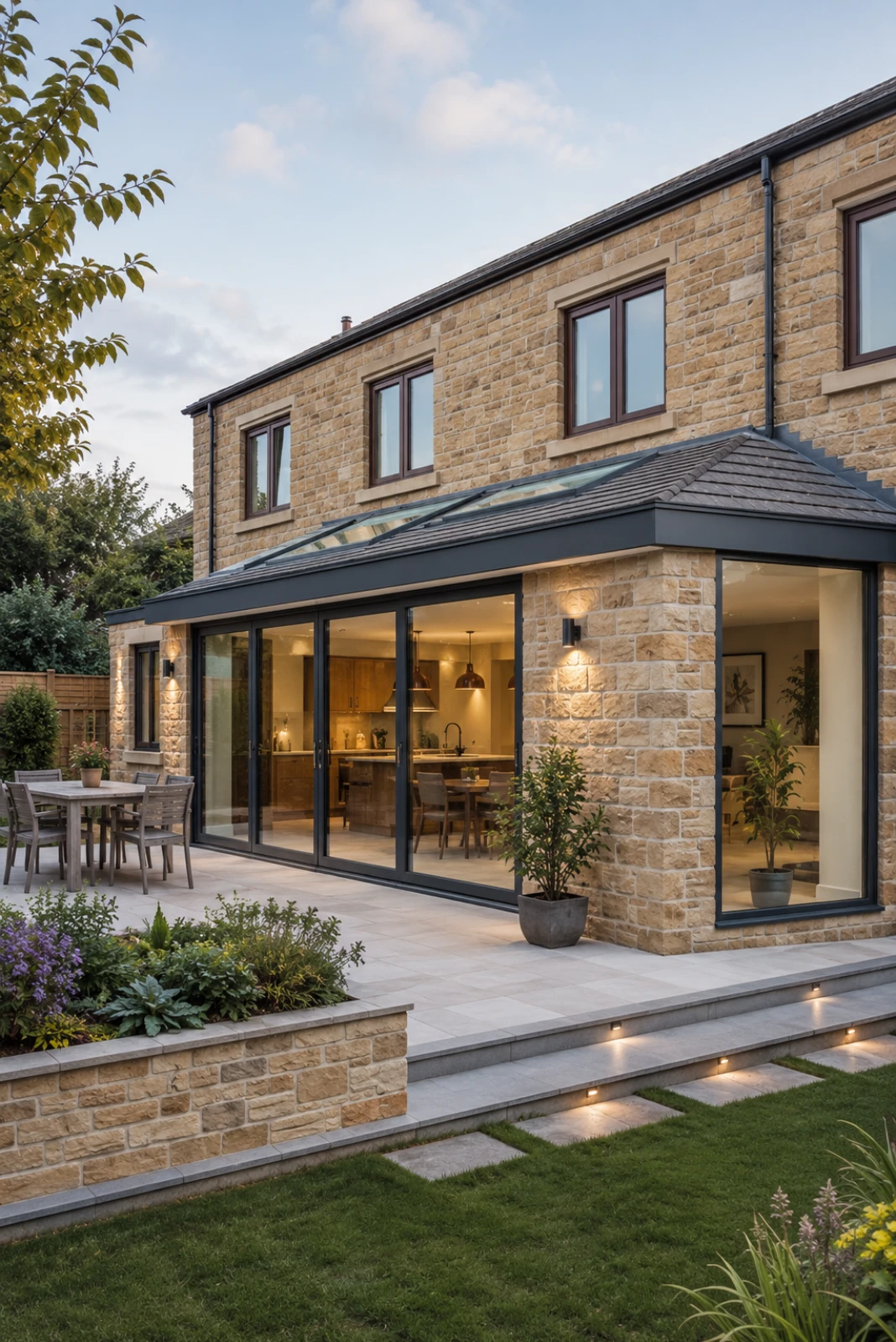 Modern house extension with stone exterior, large glass doors and landscaped patio completed by Botnari Construction.