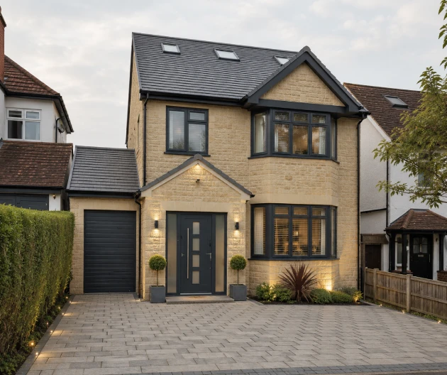 Modern detached house renovation with stone-effect exterior, contemporary windows, landscaped driveway and premium home improvement finish by Botnari Construction.