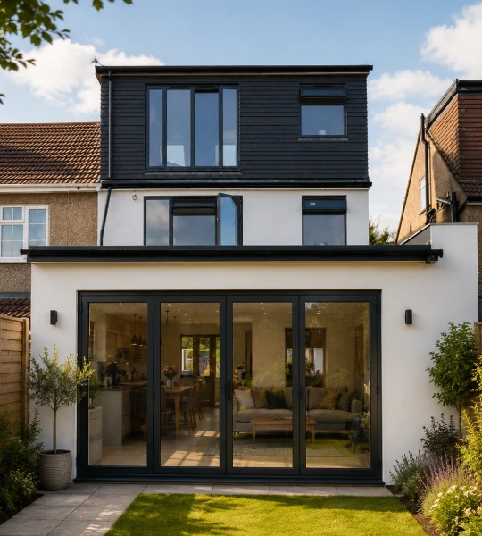 Completed rear house extension with modern open-plan living space and large aluminium bifold doors