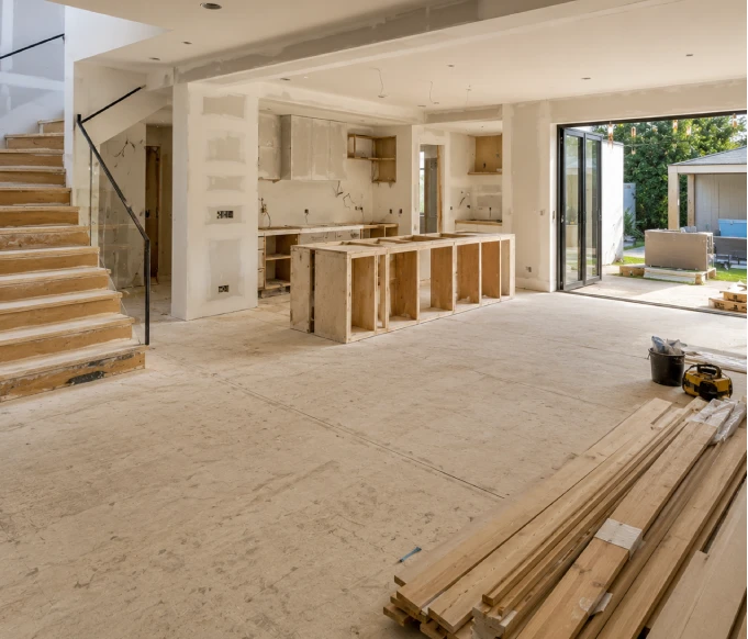 Open-plan house refurbishment in progress featuring structural renovation, kitchen installation, carpentry work and complete home renovation construction.