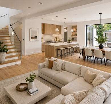 Luxury house refurbishment featuring an open-plan kitchen, dining and living area with bespoke joinery, oak flooring and premium interior finishes.