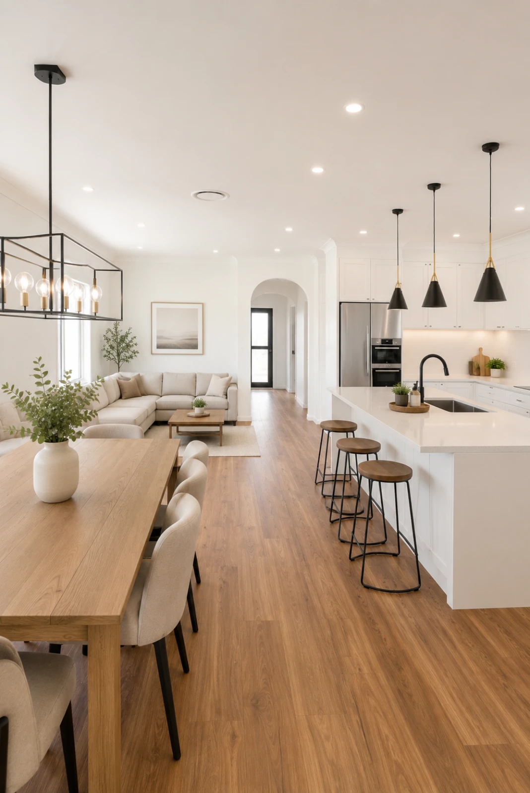 Open-plan house refurbishment featuring a modern kitchen island, dining area, oak flooring and bespoke interior renovation finishes.