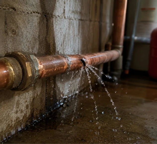 Emergency plumbing repair for a burst copper pipe leaking water in a residential property.