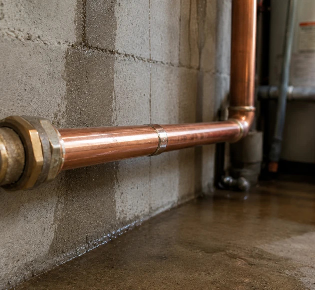 Repaired copper pipe after emergency leak repair by professional plumbers in a residential property.