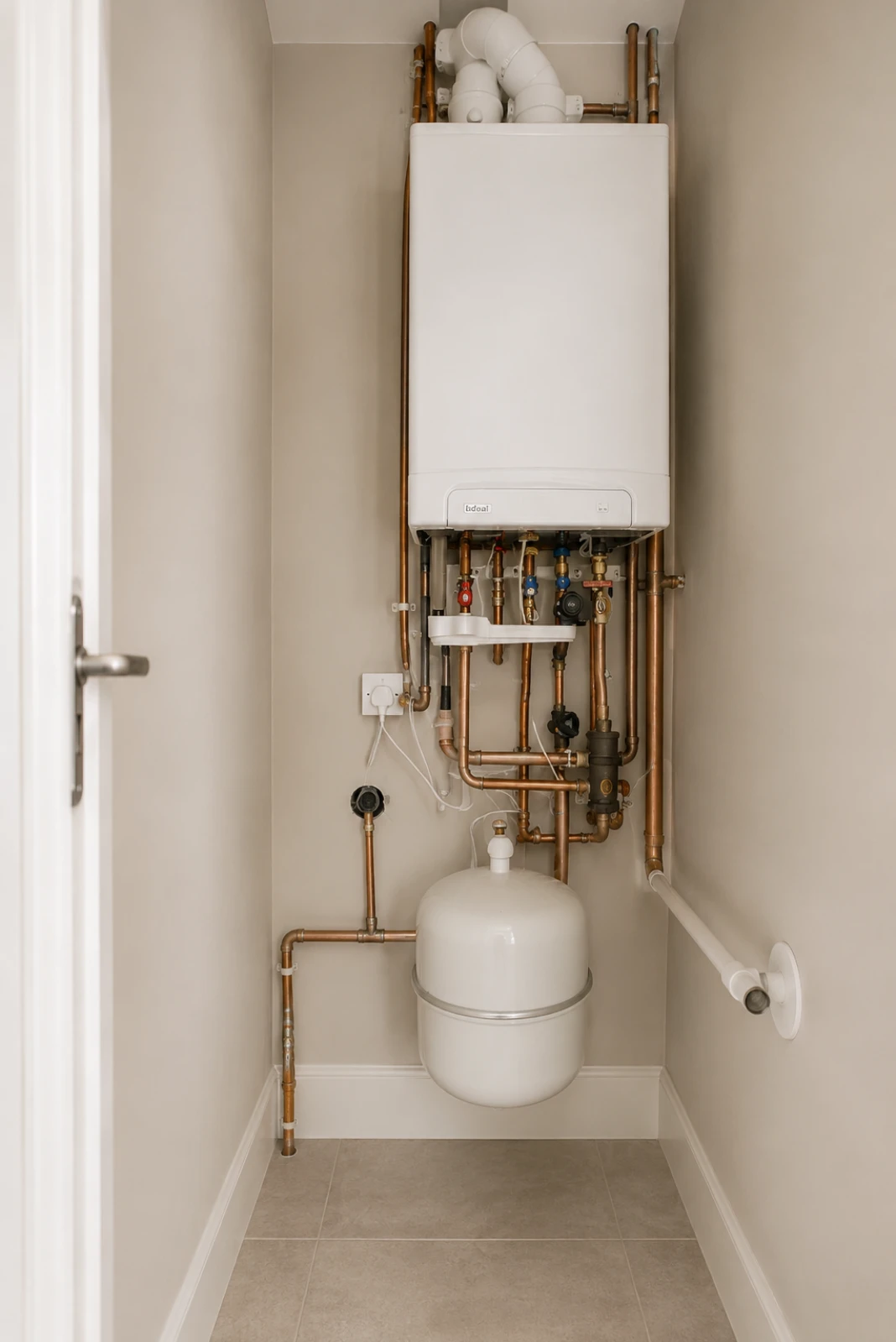 Modern boiler installation with copper pipework, expansion vessel and central heating system in a professionally fitted utility room.