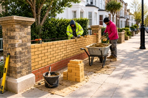 Botnari construction team carrying out residential brickwork and home improvement work on a property boundary wall