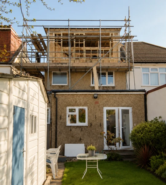 House extension under construction with scaffolding and timber framework during a residential renovation project